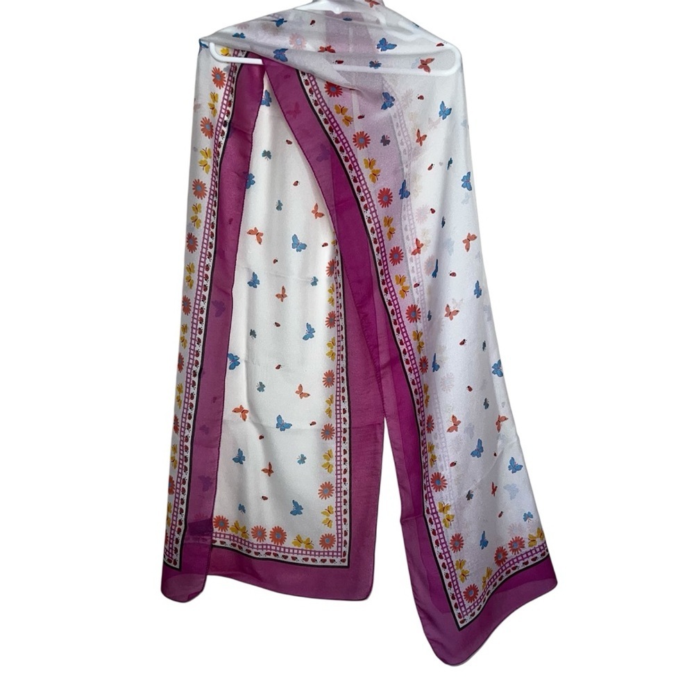 Cejan Butterfly and Ladybug Scarf Pink and White Made in 60x14”
